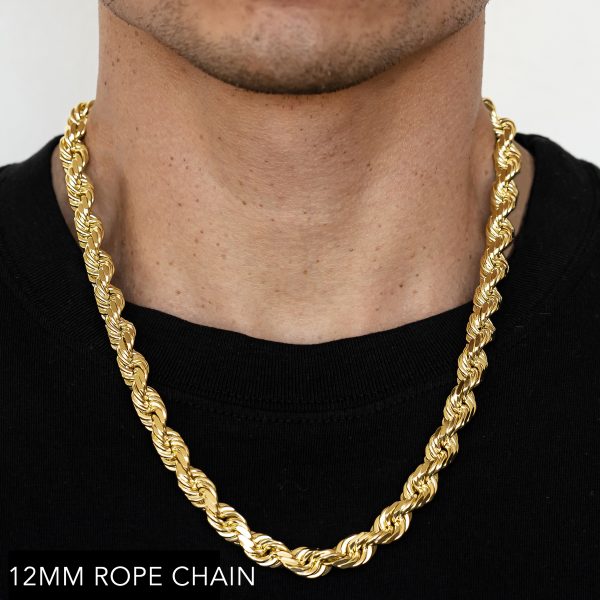 10K 12MM YELLOW GOLD SOLID DC ROPE 30" CHAIN NECKLACE (AVAILABLE IN LENGTHS 7" - 30")