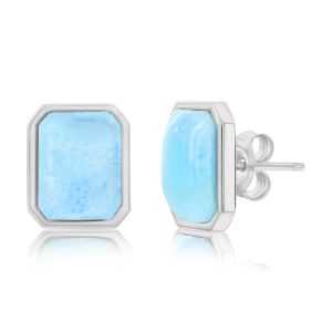Sterling Silver, Rectangle Stud Earrings - Larimar