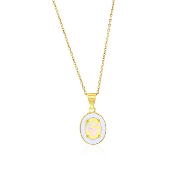 Sterling Silver White Opal & Enamel Oval Pendant - Gold Plated