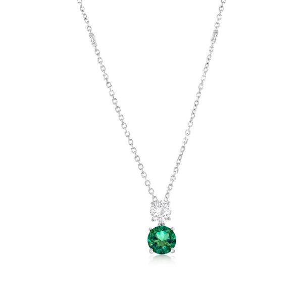 Sterling Silver, Double Round CZ Necklace - Emerald CZ