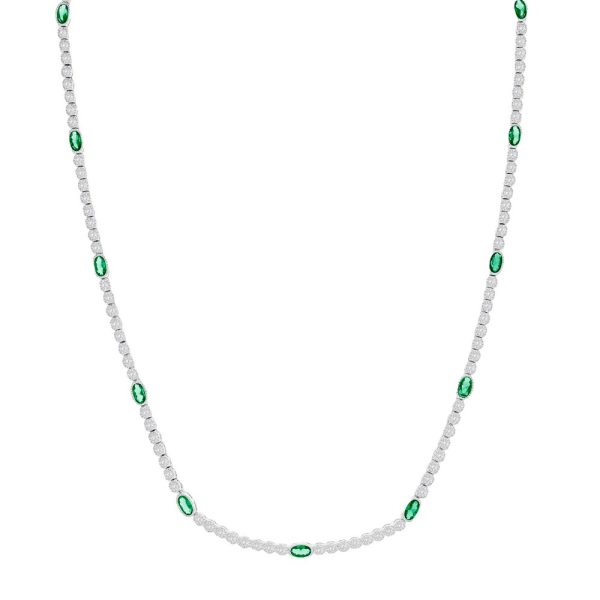 Sterling Silver Beaded Outline Oval & Round CZ Tennis Necklace - Emerald