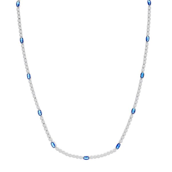 Sterling Silver Beaded Outline Oval & Round CZ Tennis Necklace - Sapphire