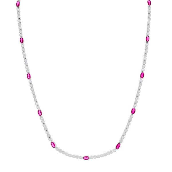 Sterling Silver Beaded Outline Oval & Round CZ Tennis Necklace - Ruby
