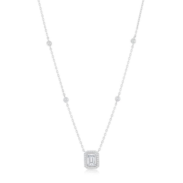 Sterling Silver Rectangle Baguette & Round Bezel-Set CZ Necklace