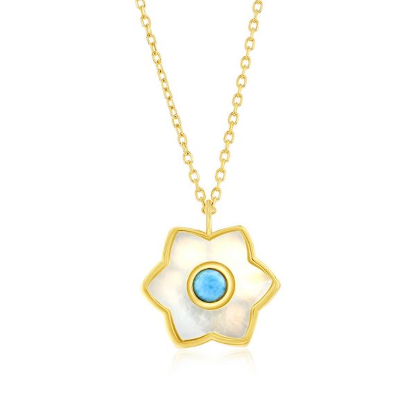Sterling Silver, Larimar & MOP Flower Necklace - Gold Plated