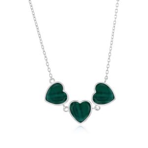 Sterling Silver, Triple Heart Necklace - Malachite