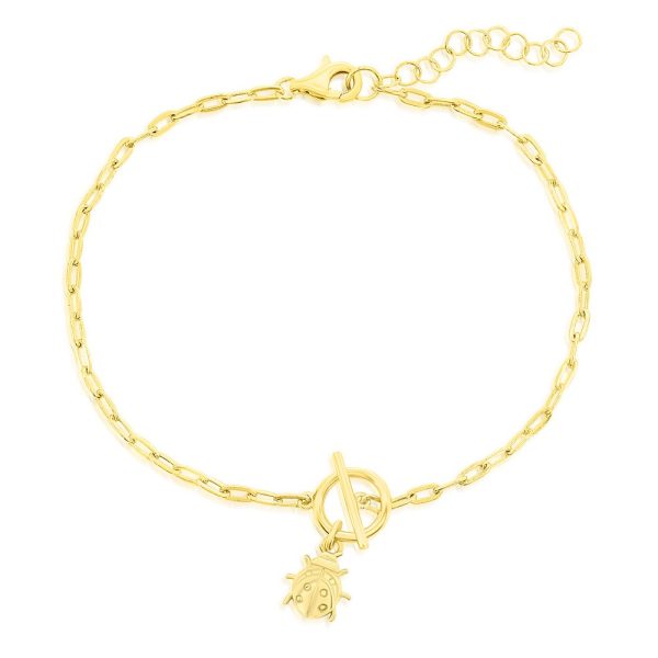 Sterling Silver Ladybug Charm Paperclip Toggle Bracelet - Gold Plated