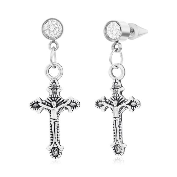 Stainless Steel Cross Charm & CZ Earrings