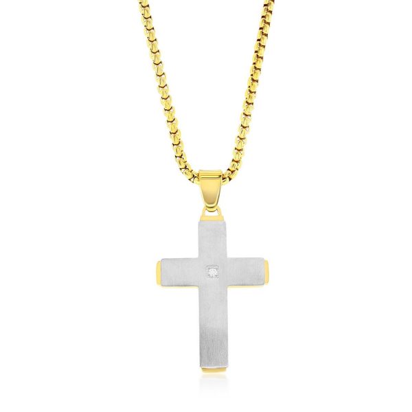 Stainless Steel Silver & Gold Single CZ Cross Necklace