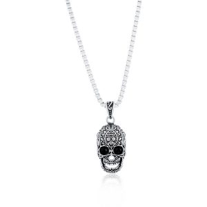 Stainless Steel Oxidized Skull & Black CZ Eyes, Necklace