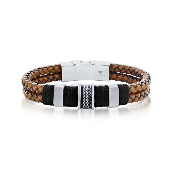Stainless Steel Double Strand Genuine Leather Bracelet - Brown