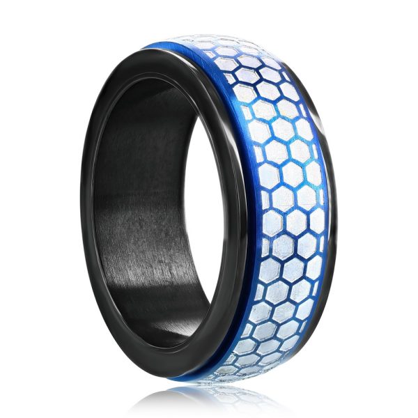 Stainless Steel Honey Comb Design Spinner Ring - Blue & Silver