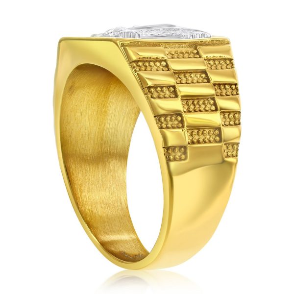 Stainless Steel, Square Textured, Eagle Design Ring - Gold Plated