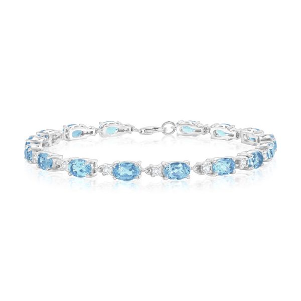 Sterling Silver, Oval Gem & White Topaz Bracelet - Sky Blue Topaz