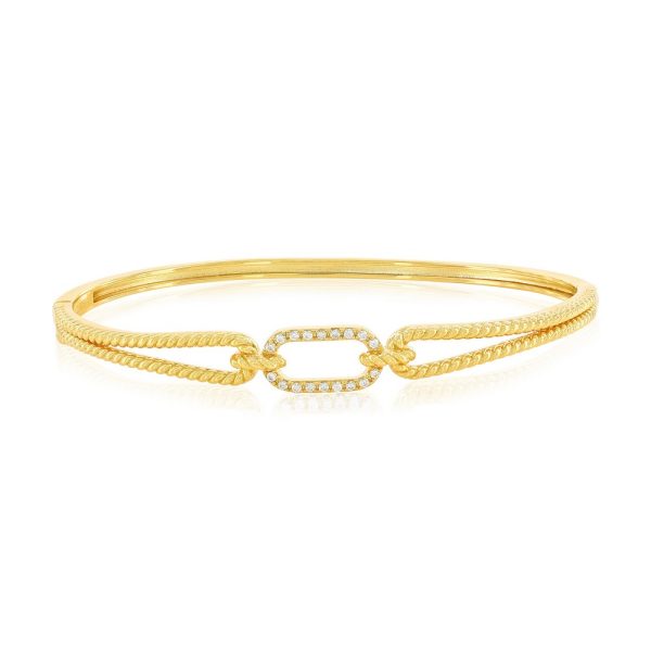 Sterling Silver, Oval CZ Rope Design Bangle - Gold Plated