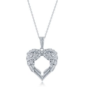 Sterling Silver, Angel Wings Heart Pendant