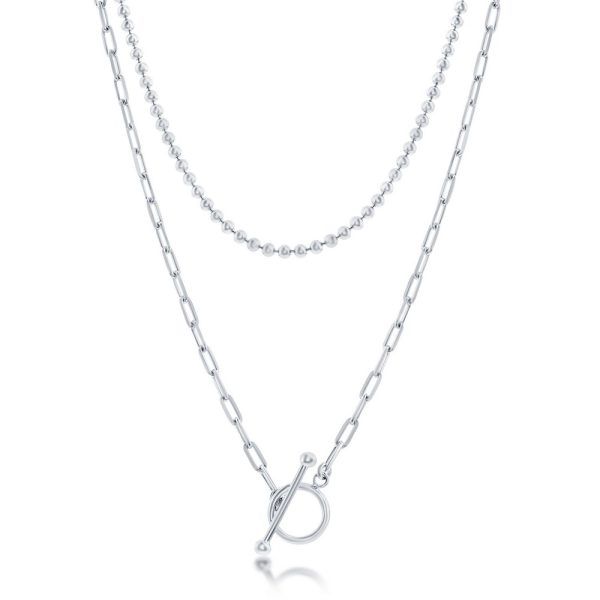 Sterling Silver Layered Paperclip and Beaded Chain Toggle Necklace