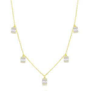 Sterling Silver Baguette CZ Rectangle Charms Necklace - Gold Plated