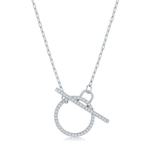 Sterling Silver, Paperclip CZ Circle Toggle Necklace