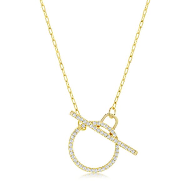 Sterling Silver, Paperclip CZ Circle Toggle Necklace - Gold Plated