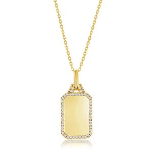Sterling Silver Rectangle Dog Tag w/CZ Border Necklace - Gold Plated