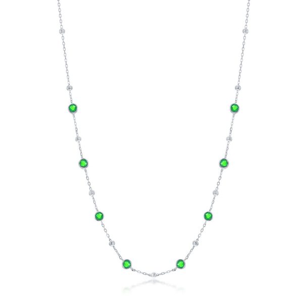 Sterling Silver Bezel-Set CZ & Bead Station Necklace - Emerald