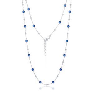 Sterling Silver Bezel-Set CZ & Bead Station Necklace - Sapphire
