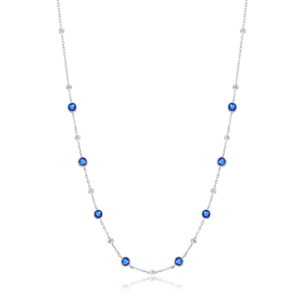 Sterling Silver Bezel-Set CZ & Bead Station Necklace - Sapphire