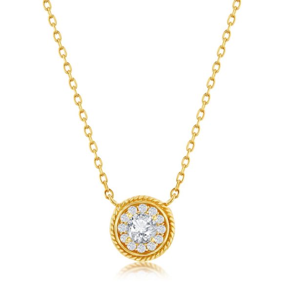 Sterling Silver Round CZ Rope Design Border Necklace - Gold Plated