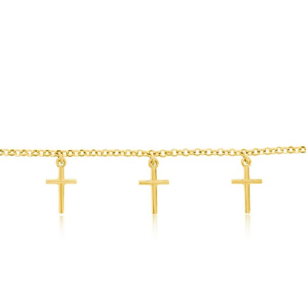 Sterling Silver, Cross Charms Rolo Chain Anklet - Gold Plated