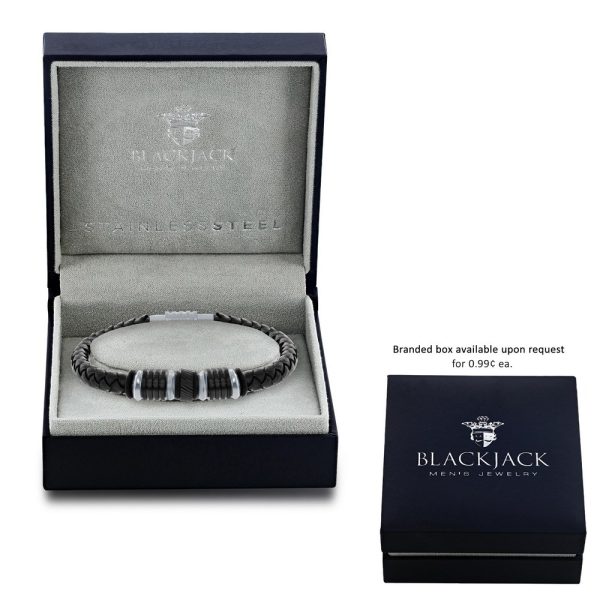 Black & Silver Stainless Steel with Genuine Black Leather Bracelet