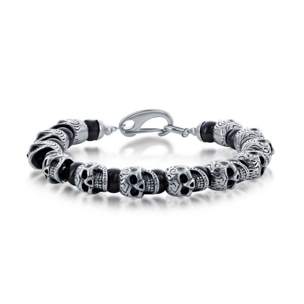 Stainless Steel Genuine Onyx Skull Bracelet
