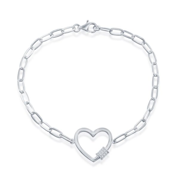 Sterling Silver Heart w/CZ Rod Paperclip Bracelet