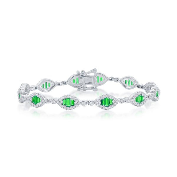 Sterling Silver, Baguette Tennis Bracelet - CZ Emerald