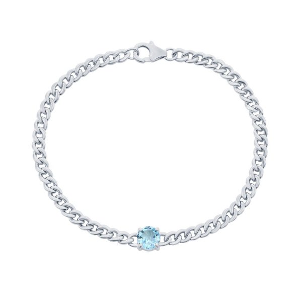 Sterling Silver 8mm Round Center Gem, Chain Bracelet - Blue Topaz