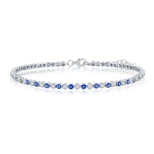 Sterling Silver, Alternating Evil Eye and CZ Tennis Bracelet