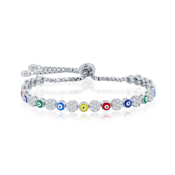 Sterling Silver Alternating CZ & Multi-Color Enamel Evil Eye Adjstable Bolo Bracelet