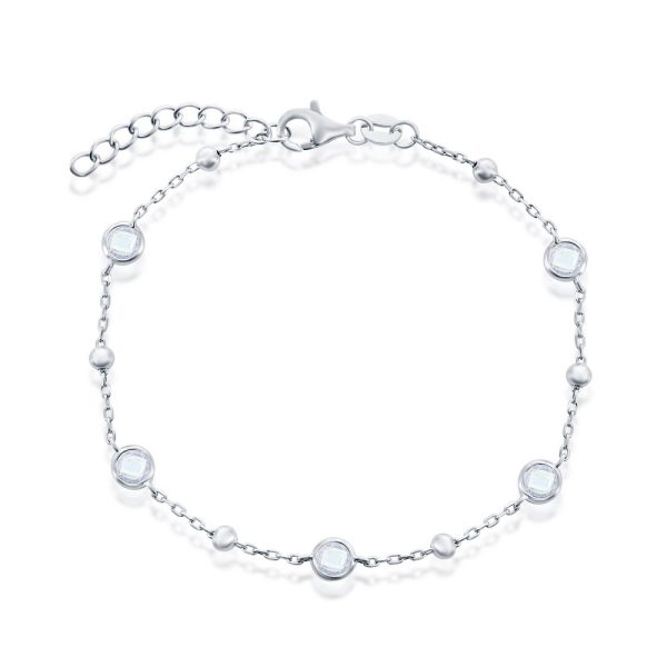 Sterling Silver, Bezel-Set CZ & Bead Bracelet - White