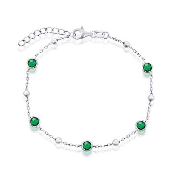 Sterling Silver, Bezel-Set CZ & Bead Bracelet - Emerald