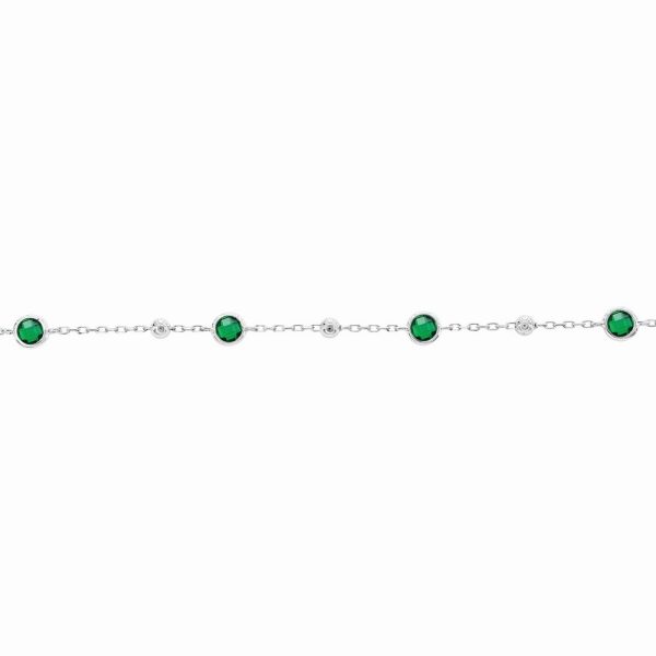 Sterling Silver, Bezel-Set CZ & Bead Bracelet - Emerald