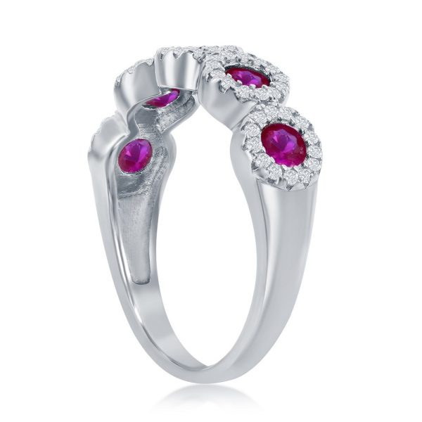 Sterling Silver, Round White & Ruby CZ Half Eternity Ring