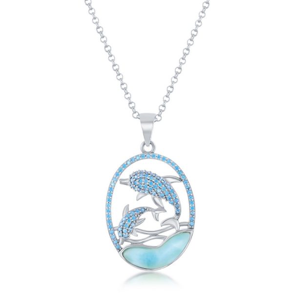 Sterling Silver Blue CZ Dolphins and Larimar Pendant