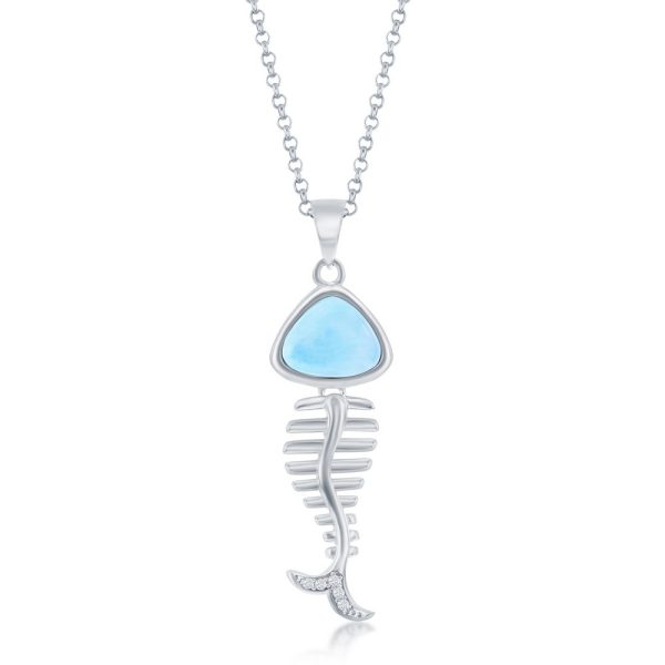 Sterling Silver, Larimar and CZ Fish Skeleton Pendant