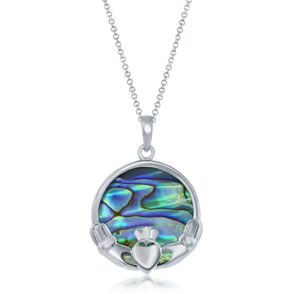 Sterling Silver Round Claddagh Pendant w/Chain - Abalone