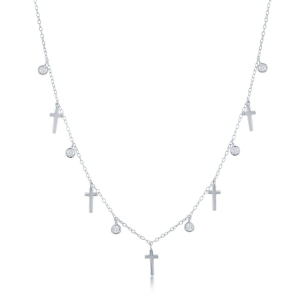 Sterling Silver, Alternating Cross & Bezel-Set CZ Necklace