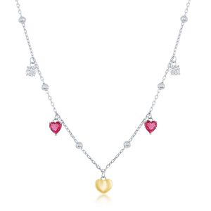 Sterling Silver White & Ruby CZ Heart Beaded Necklace - Gold Plated
