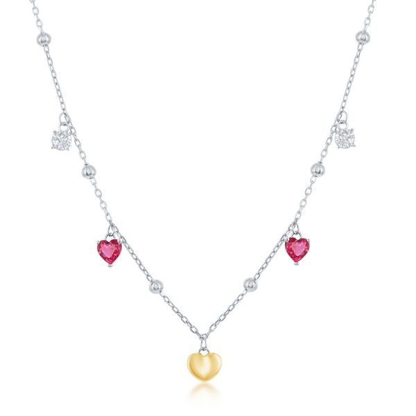 Sterling Silver White & Ruby CZ Heart Beaded Necklace - Gold Plated