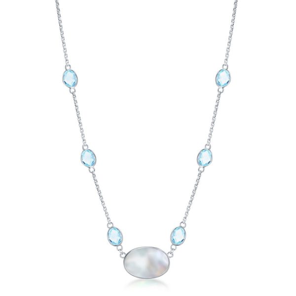 Sterling Silver Oval Mother of Pearl & Round Blue Topaz by the Yard Necklace