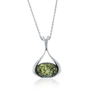 Sterling Silver, Oval Green Amber, Pear-Shaped Pendant