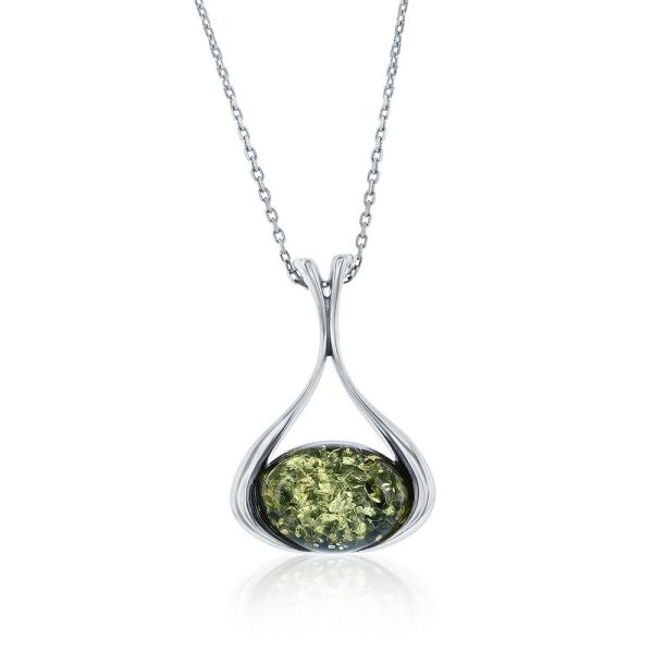Sterling Silver, Oval Green Amber, Pear-Shaped Pendant